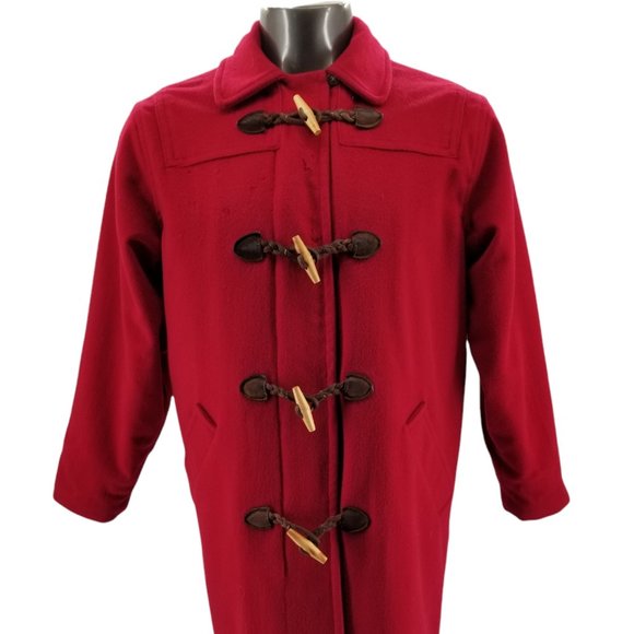 Vtg L.L. Bean Red 100% Wool Toggle Plaid Blanket Hooded Coat Jacket 8 MED USA